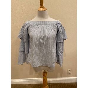 L'Academie x REVOLVE The Layered Off Shoulder  Blue Ladder Stripe Blouse size XS